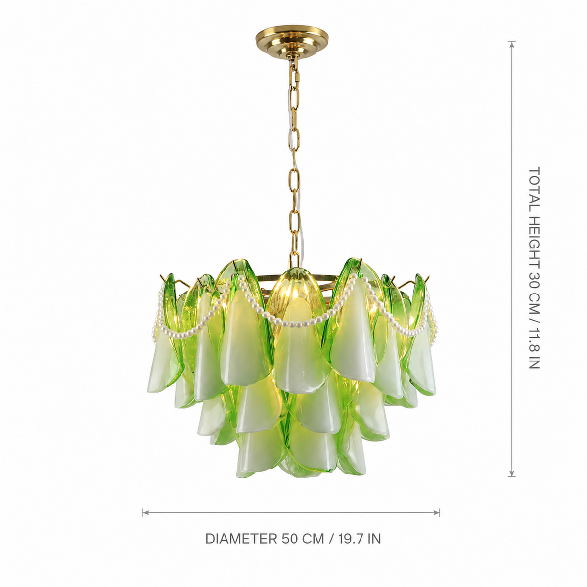 A green and gold glass chandelier pendant light with a gold chain and canopy, featuring layered translucent green and white glass shades. White dimension lines on the right and bottom indicate a total height of 30 cm (11.