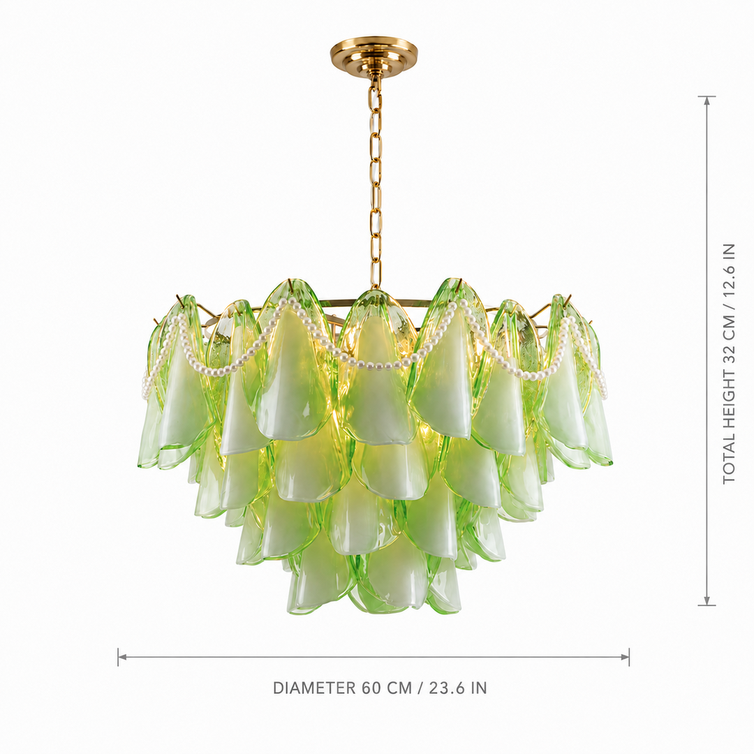 A green and gold glass chandelier with cascading bell-shaped shades and pearl-like accents, shown with dimension lines indicating a diameter of 60 cm and a total height of 32 cm on a white background.