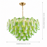 A green glass chandelier with layered bell-shaped shades, gold-toned chain and ceiling mount, and pearl bead garlands. Measurement lines and text indicate a total height of 38 cm (15.