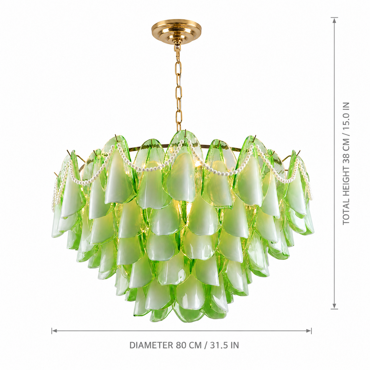 A green glass chandelier with layered bell-shaped shades, gold-toned chain and ceiling mount, and pearl bead garlands. Measurement lines and text indicate a total height of 38 cm (15.