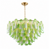 A modern multi-tier chandelier featuring light green and white iridescent glass bell-shaped shades, accented with a pearl bead garland and a gold-tone metal canopy, chain, and rod, shown against a plain white background.