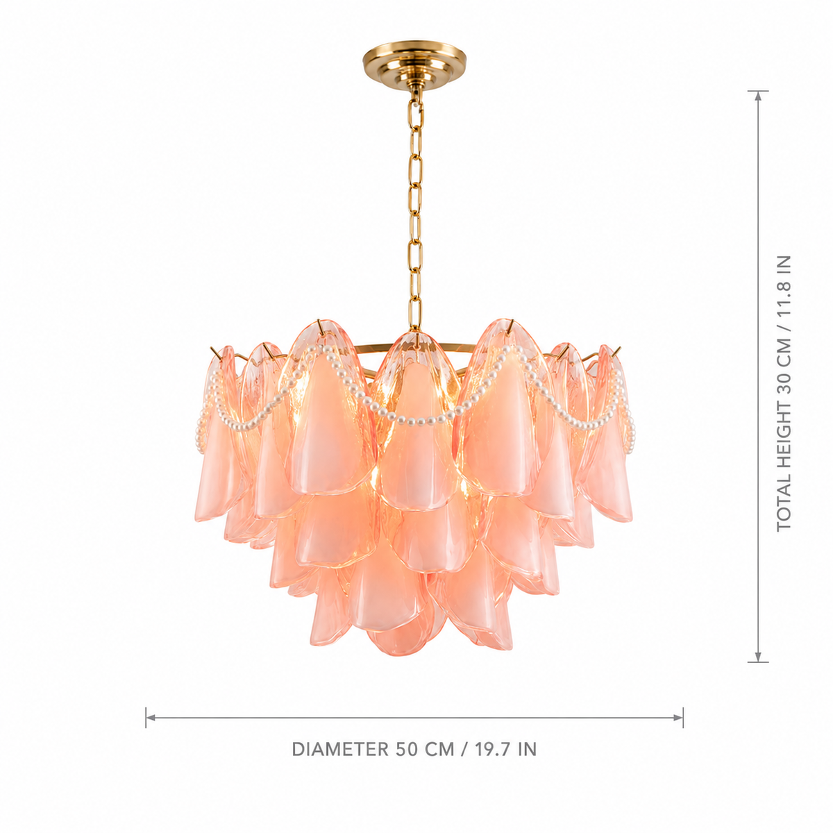 A peach pink ruffled glass chandelier with a gold chain and canopy, shown with dimension lines indicating a diameter of 50 cm (19.7 in) and a total height of 30 cm (11.