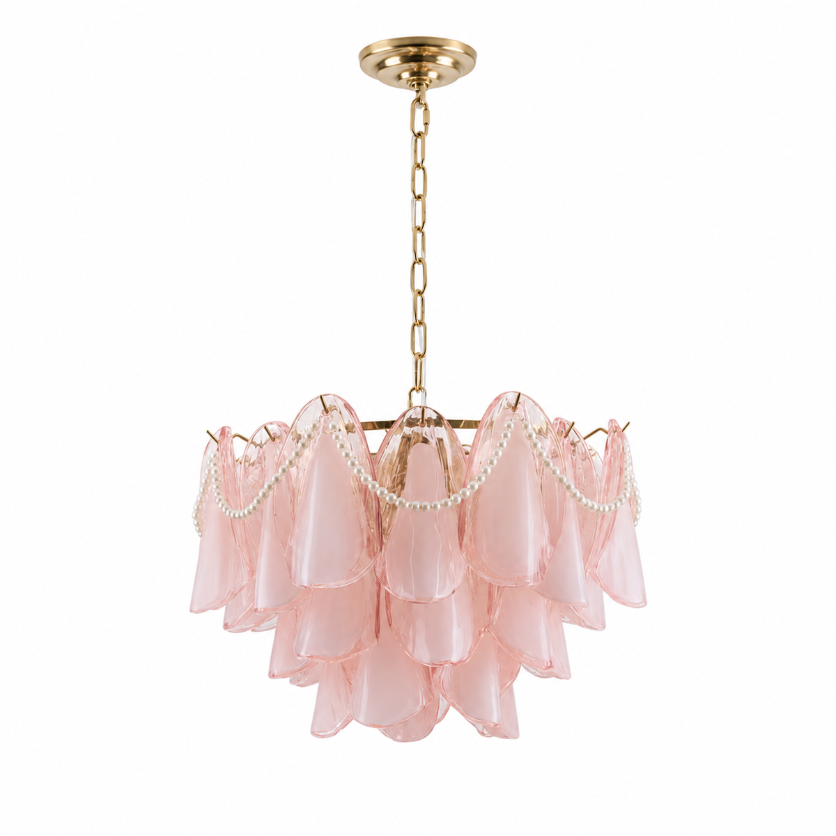 A modern chandelier featuring a gold-finished metal frame, chain, and ceiling canopy, with layered blush pink glass shades and delicate pearl bead garlands.