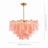 A pink ruffled chandelier with gold metal hardware and pearl bead garlands, shown with dimension lines indicating a diameter of 60 cm and a total height of 32 cm on a white background.