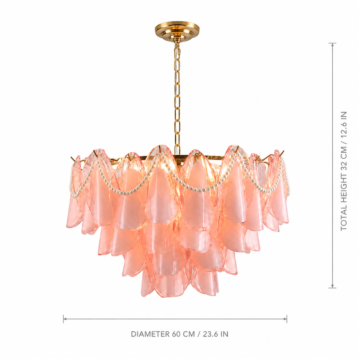 A pink ruffled chandelier with gold metal hardware and pearl bead garlands, shown with dimension lines indicating a diameter of 60 cm and a total height of 32 cm on a white background.