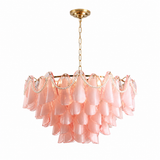 A modern multi-light chandelier featuring a gold-finished metal frame, chain, and ceiling canopy, adorned with cascading layers of translucent pink glass petal shades and delicate pearl bead garlands.