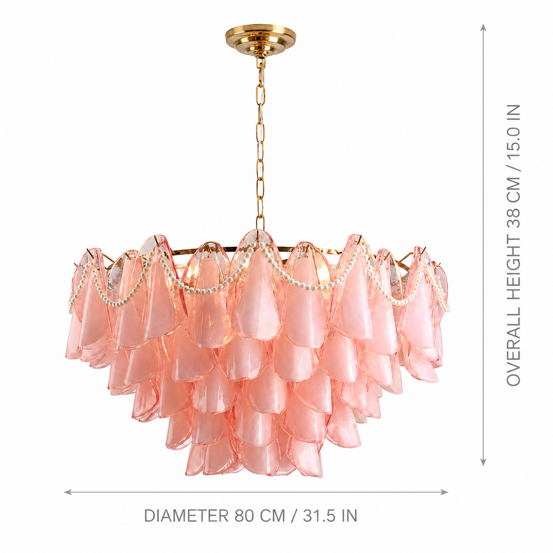 Pink ruffled chandelier with gold-toned hardware and a hanging chain, shown on a white background with dimension arrows and text indicating overall height 38 cm / 15.0 in and diameter 80 cm / 31.