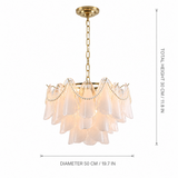 A gold and frosted glass chandelier with dimension annotations showing a total height of 30 cm (11.8 in) and a diameter of 50 cm (19.