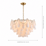 A gold-finished multi-tiered chandelier with translucent white glass shades, shown with dimension lines indicating a diameter of 60 cm and a total height of 32 cm against a white background.