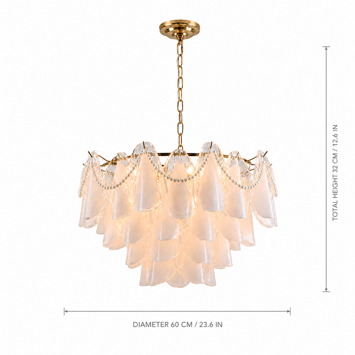 A gold-finished multi-tiered chandelier with translucent white glass shades, shown with dimension lines indicating a diameter of 60 cm and a total height of 32 cm against a white background.
