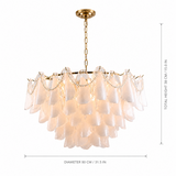 A gold and white cascading shell chandelier with dimension lines indicating a total height of 38 cm (15.0 in) and a diameter of 80 cm (31.