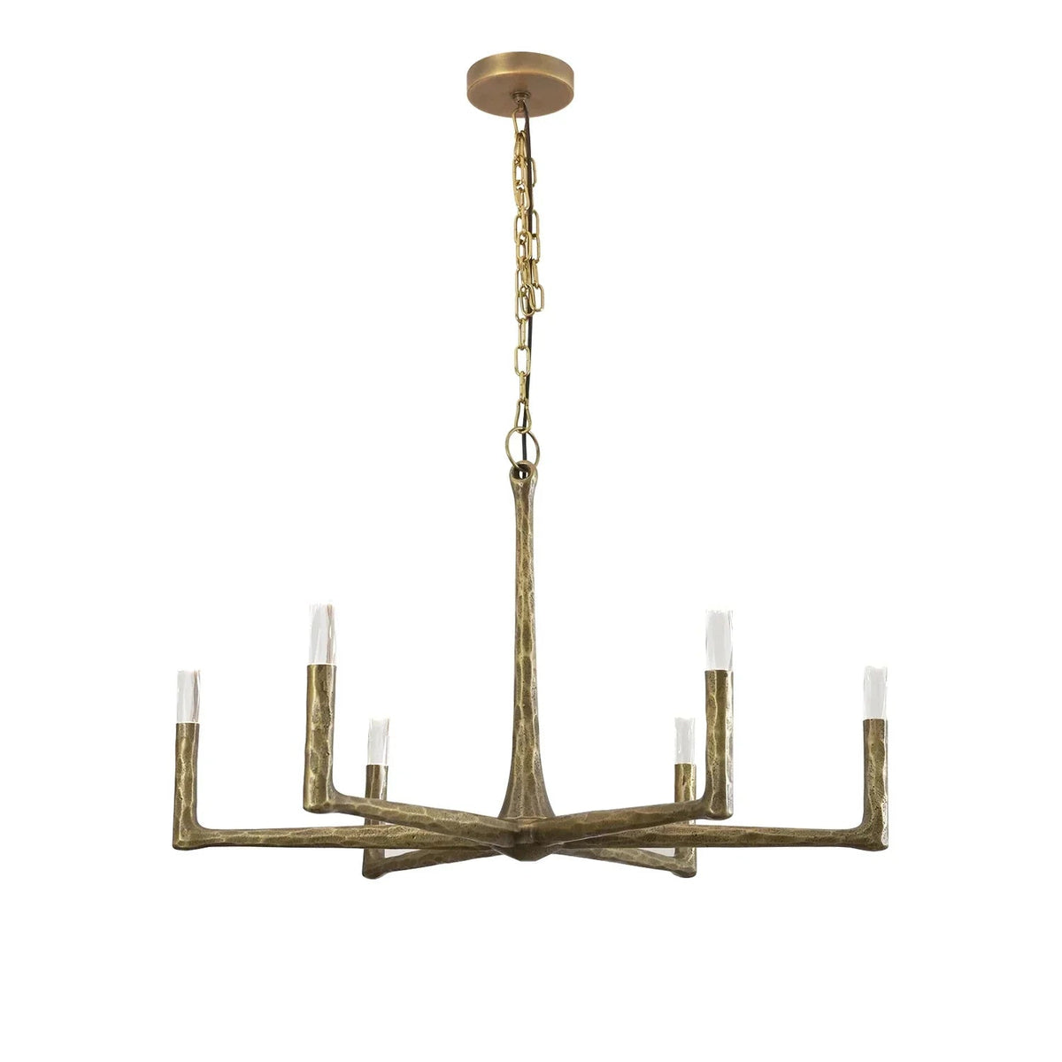 Gold chandelier with six candle-style lights on a white background