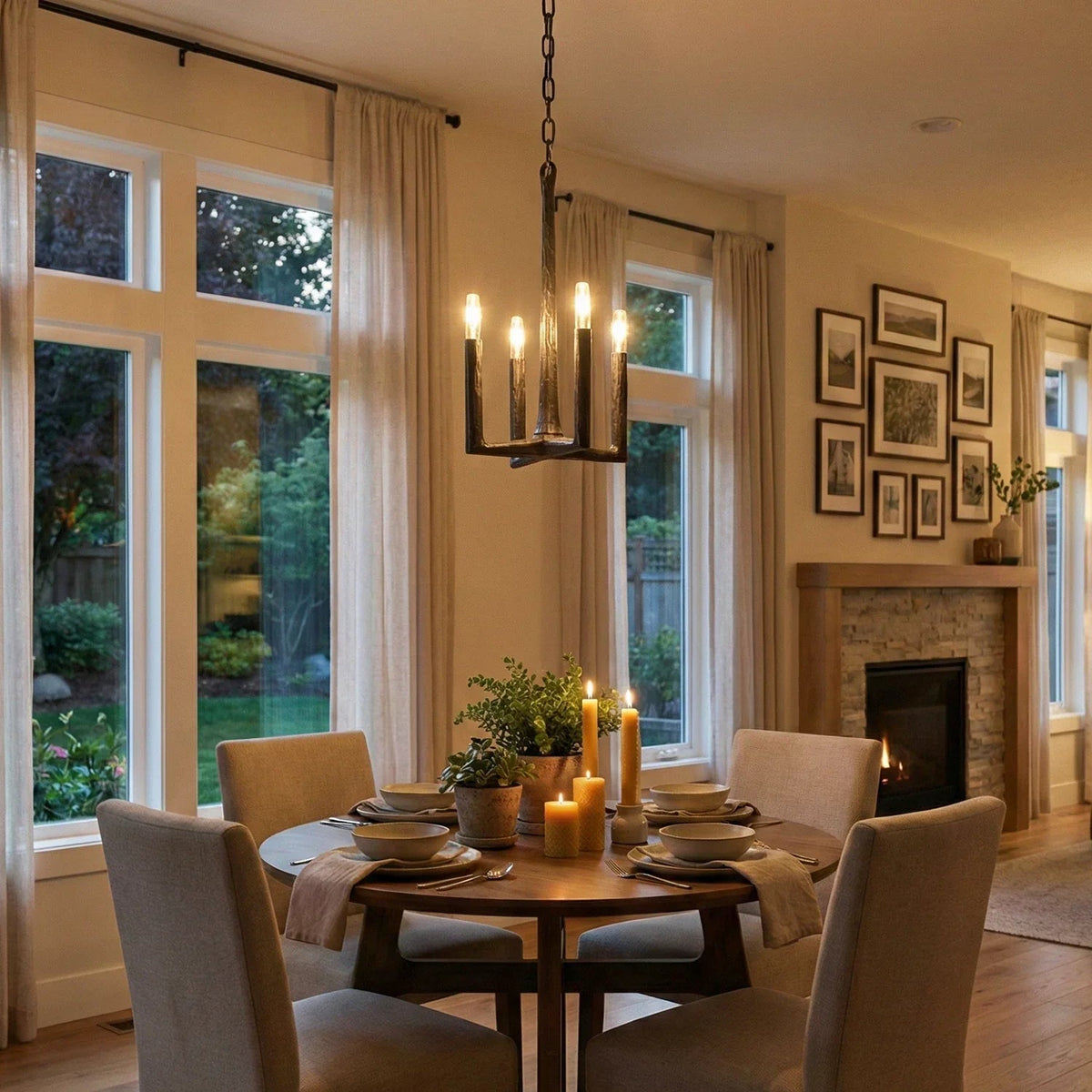 Brass chandelier with upright crystal shades hangs above a round dining table beside tall windows and a fireplace.