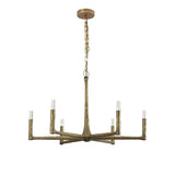 Gold chandelier with six candle-style lights on a white background