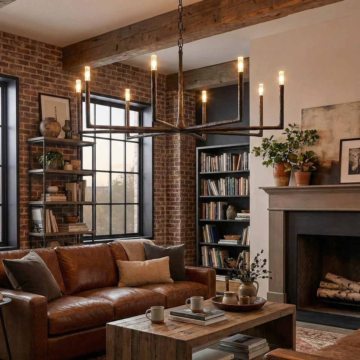 Dark brass chandelier with branching arms and glowing crystal shades hangs above a leather sofa in a brick-walled living room.