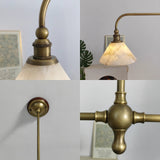 A four-panel collage shows the pendant light's brass fittings, illuminated alabaster shade, round ceiling canopy, and central joint.