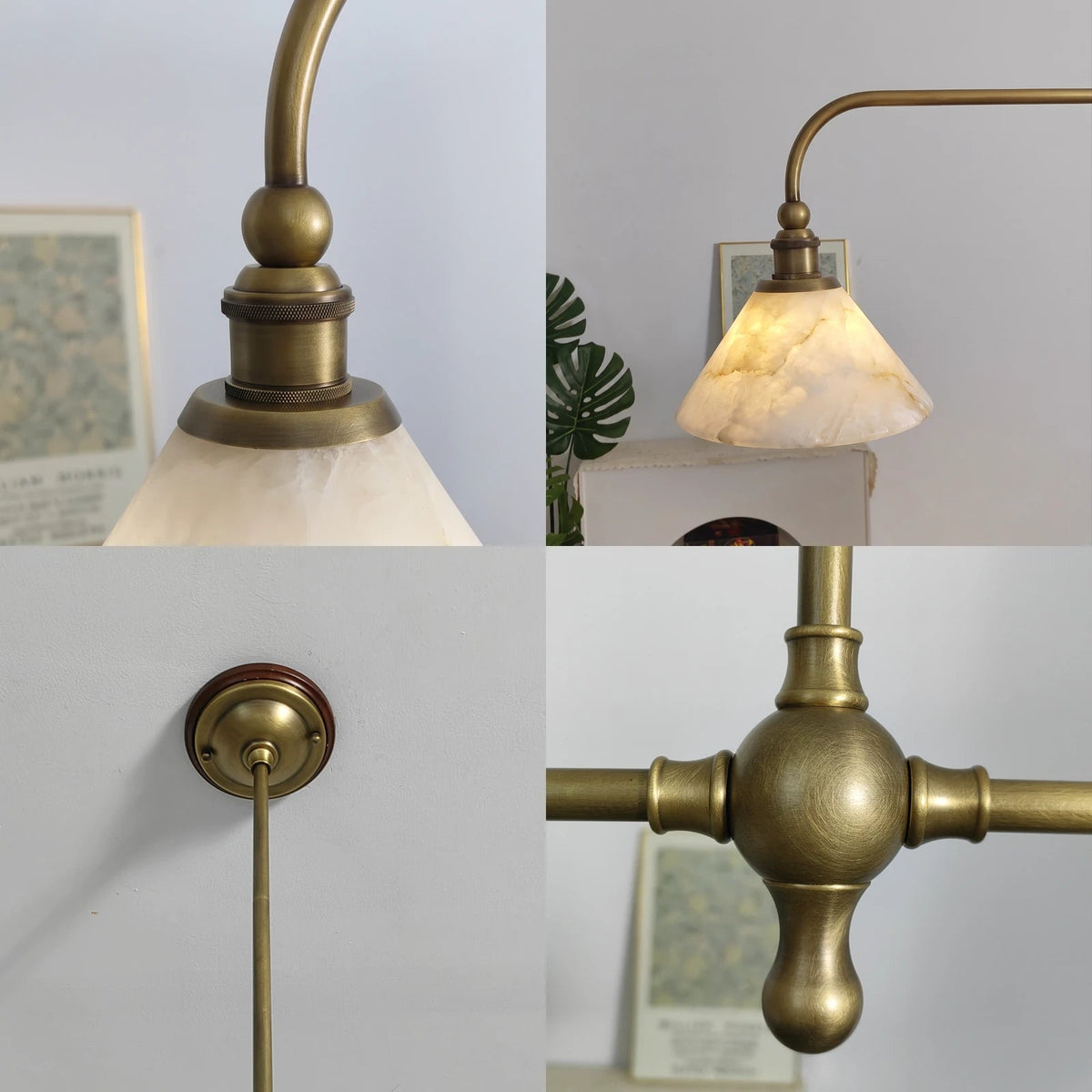 A four-panel collage shows the pendant light's brass fittings, illuminated alabaster shade, round ceiling canopy, and central joint.