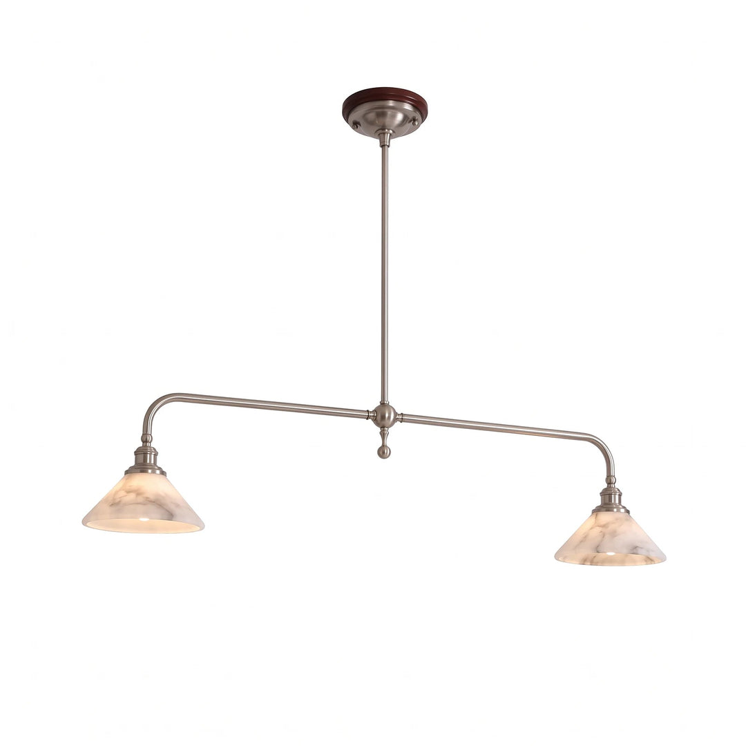 A two-light swing-arm pendant chandelier with a brushed nickel metal frame, a dark wood ceiling canopy, and two warm white marble-style glass shades, shown against a plain white background.