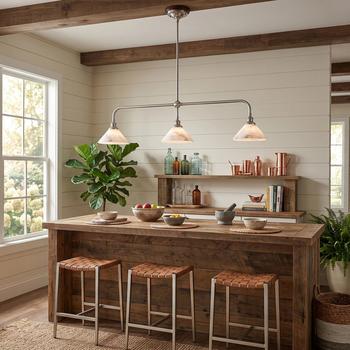 A rustic three-light bar pendant fixture with white glass shades hangs over a wooden kitchen island with three woven-back bar stools in a bright, shiplap-walled dining space.