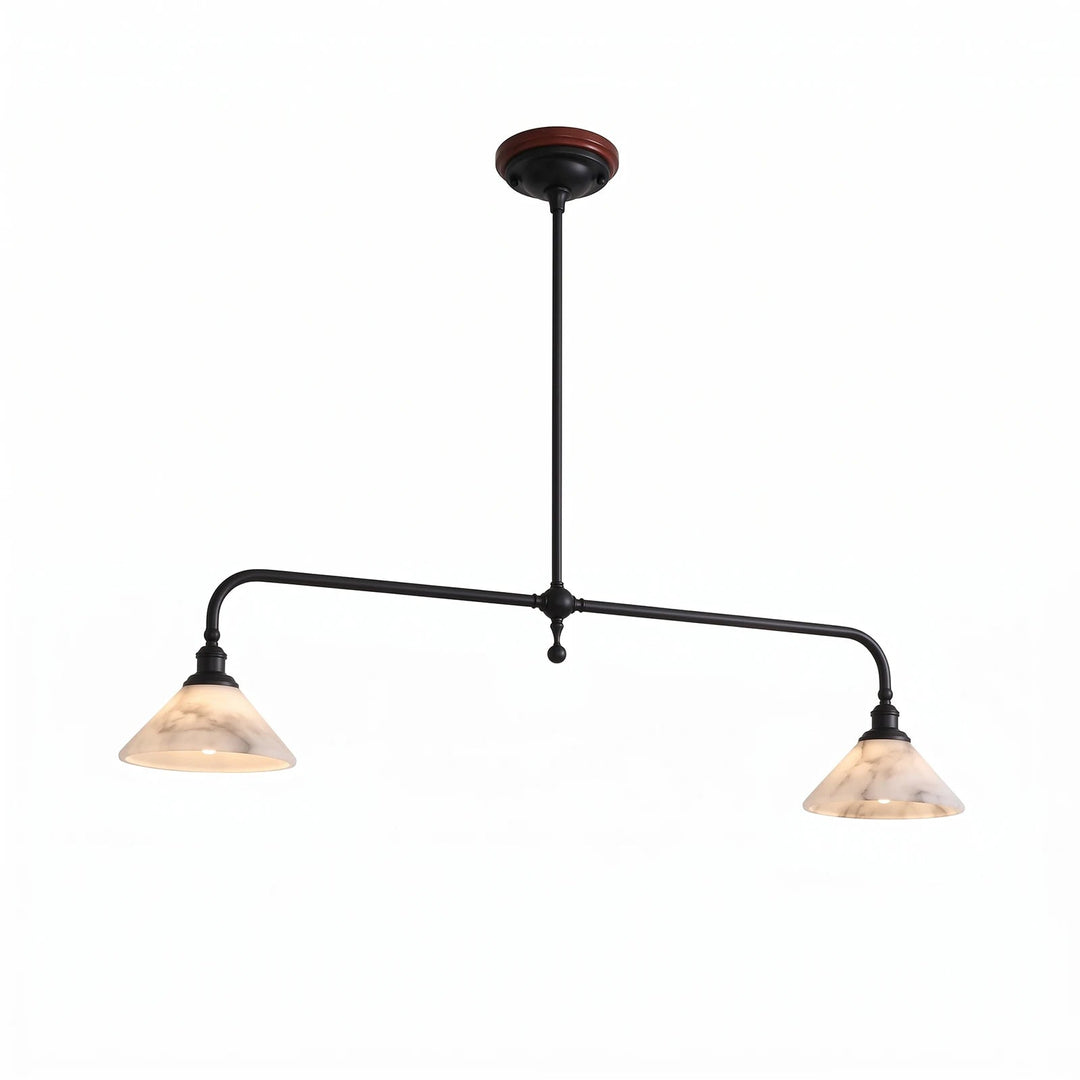 Two-light linear pendant light with a dark frame and illuminated cream alabaster shades against a white background.