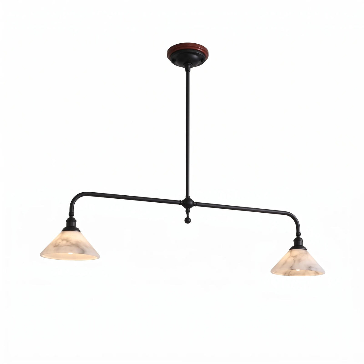 Two-light linear pendant light with a dark frame and illuminated cream alabaster shades against a white background.