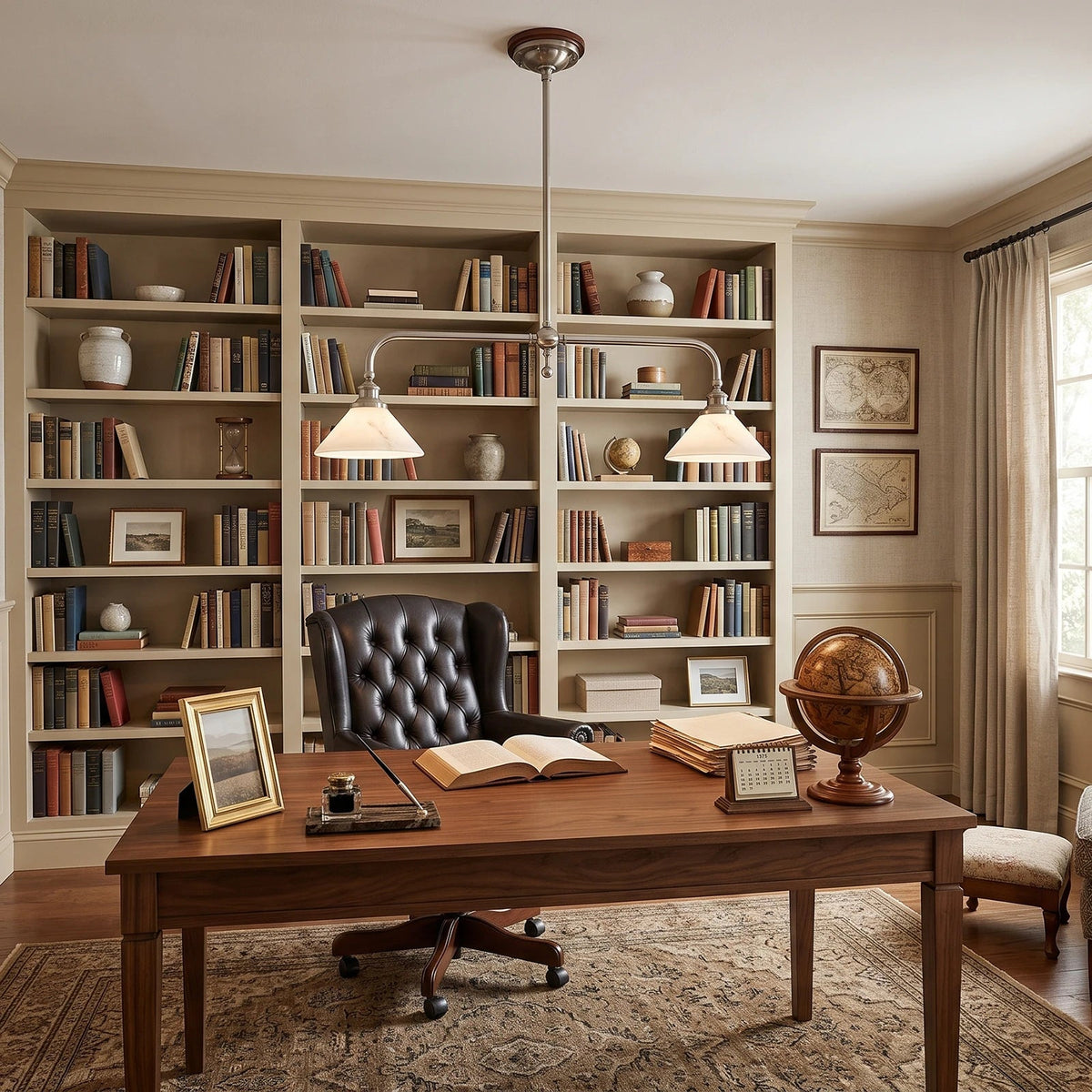 A classic home office scene featuring a large wooden writing desk with a black tufted leather chair, set against a backdrop of built-in bookshelves filled with books. Two modern adjustable desk pendant lights hang over the desk, and a brown globe sits on the tabletop.