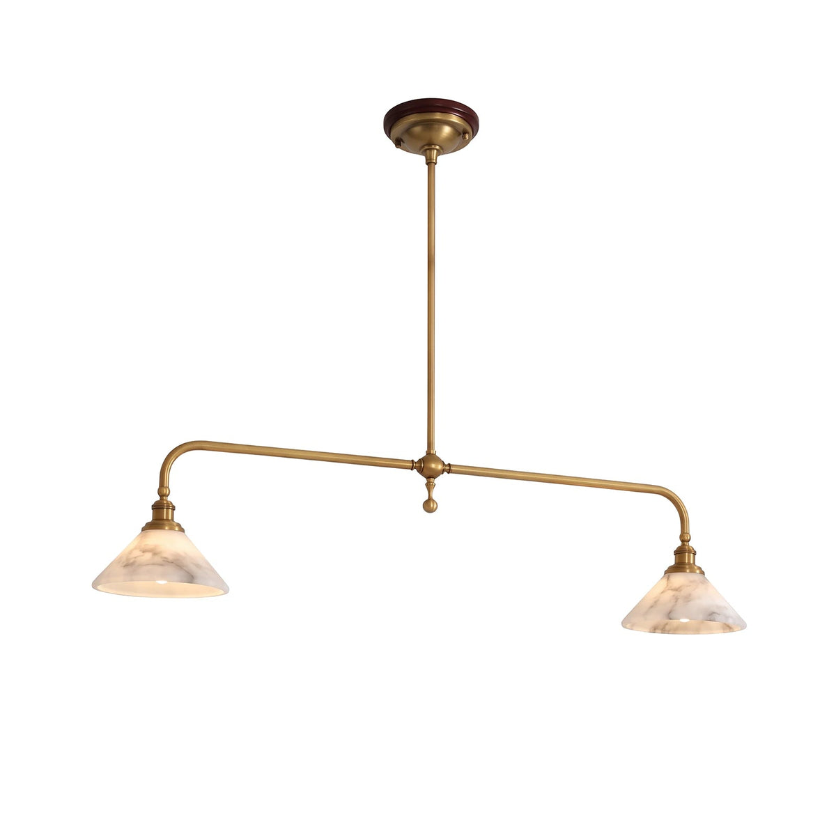 Two-light linear pendant light with a brass frame and illuminated veined alabaster shades against a white background.