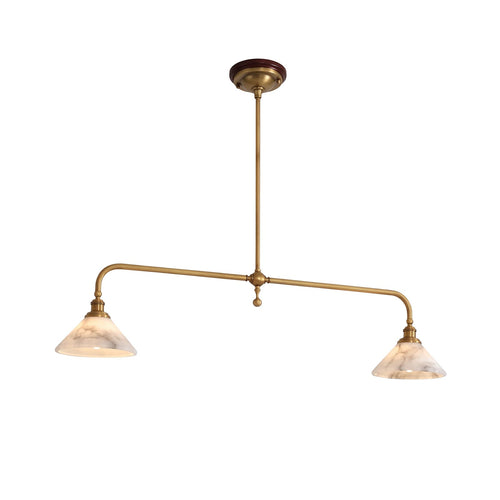 A brass pendant light with two illuminated, veined alabaster shades hangs from a central stem against a white background.