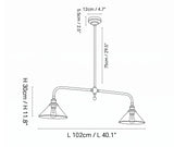 Black line drawing of a two-light pendant ceiling fixture with dimension labels showing width L 102 cm / 40.1 inches, height H 30 cm / 11.