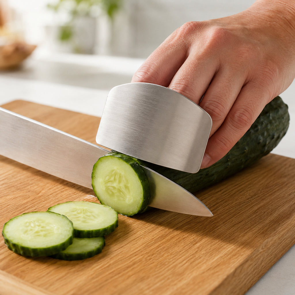 Stainless steel finger guard held against a cucumber while the knife blade rides along the steel face