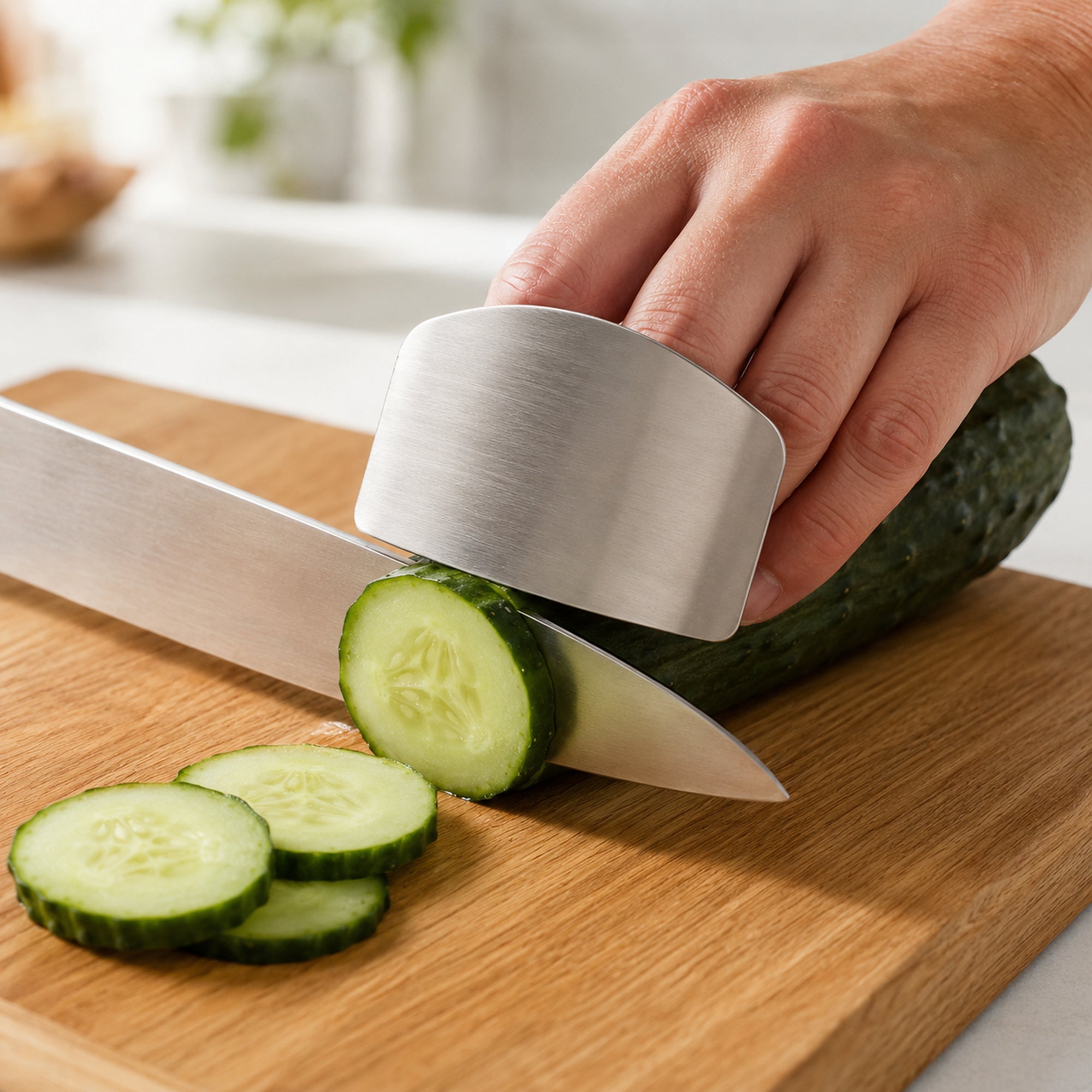 Stainless steel finger guard held against a cucumber while the knife blade rides along the steel face