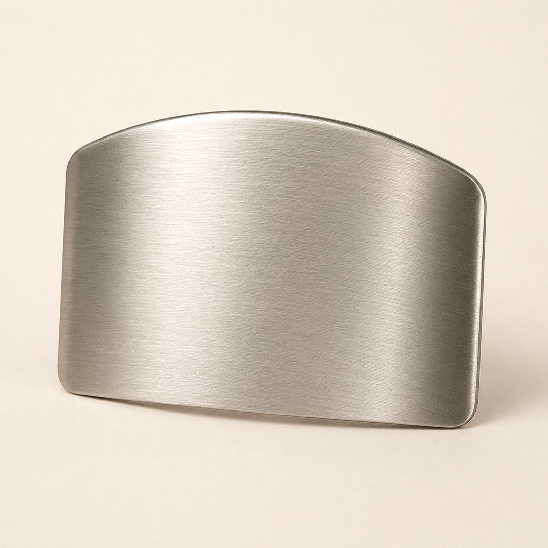 A brushed stainless steel belt buckle with a curved, rounded rectangular shape, shown on a light beige background.