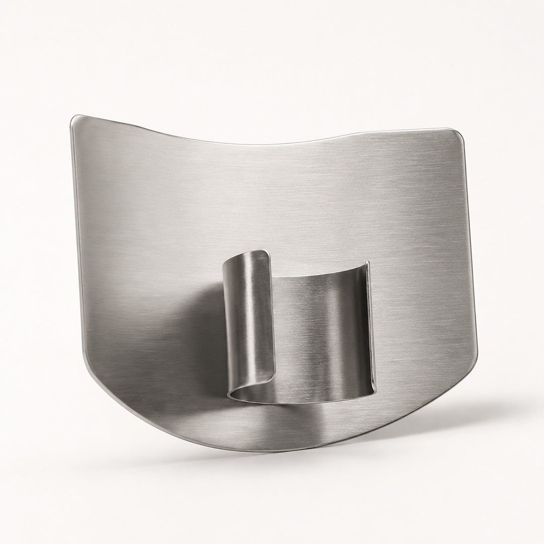 A brushed stainless steel wall hook with a curved, shield-like shape and a central cylindrical loop, shown on a clean white background.