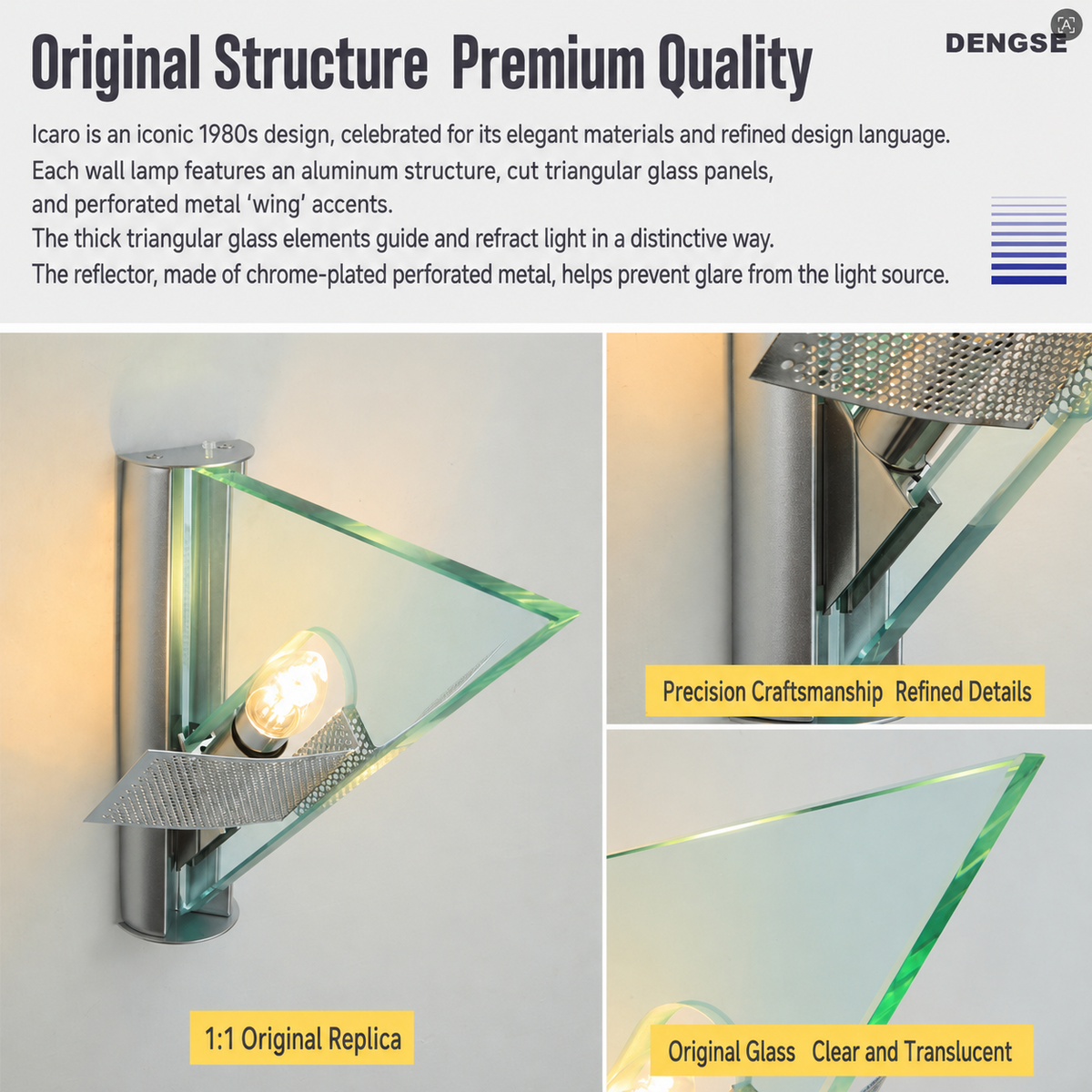Wall sconce detail collage shows triangular clear glass, a silver metal frame and perforated accents, alongside explanatory text.
