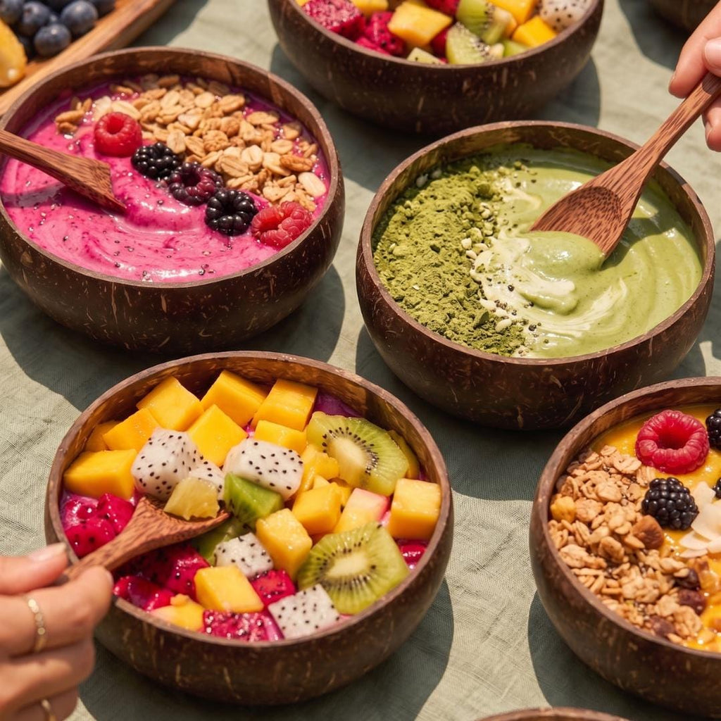 Coconut Shell Bowls with Wooden Spoons for Poke Ramen Rice