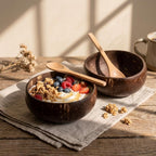 Coconut Shell Bowls with Wooden Spoons for Poke Ramen Rice