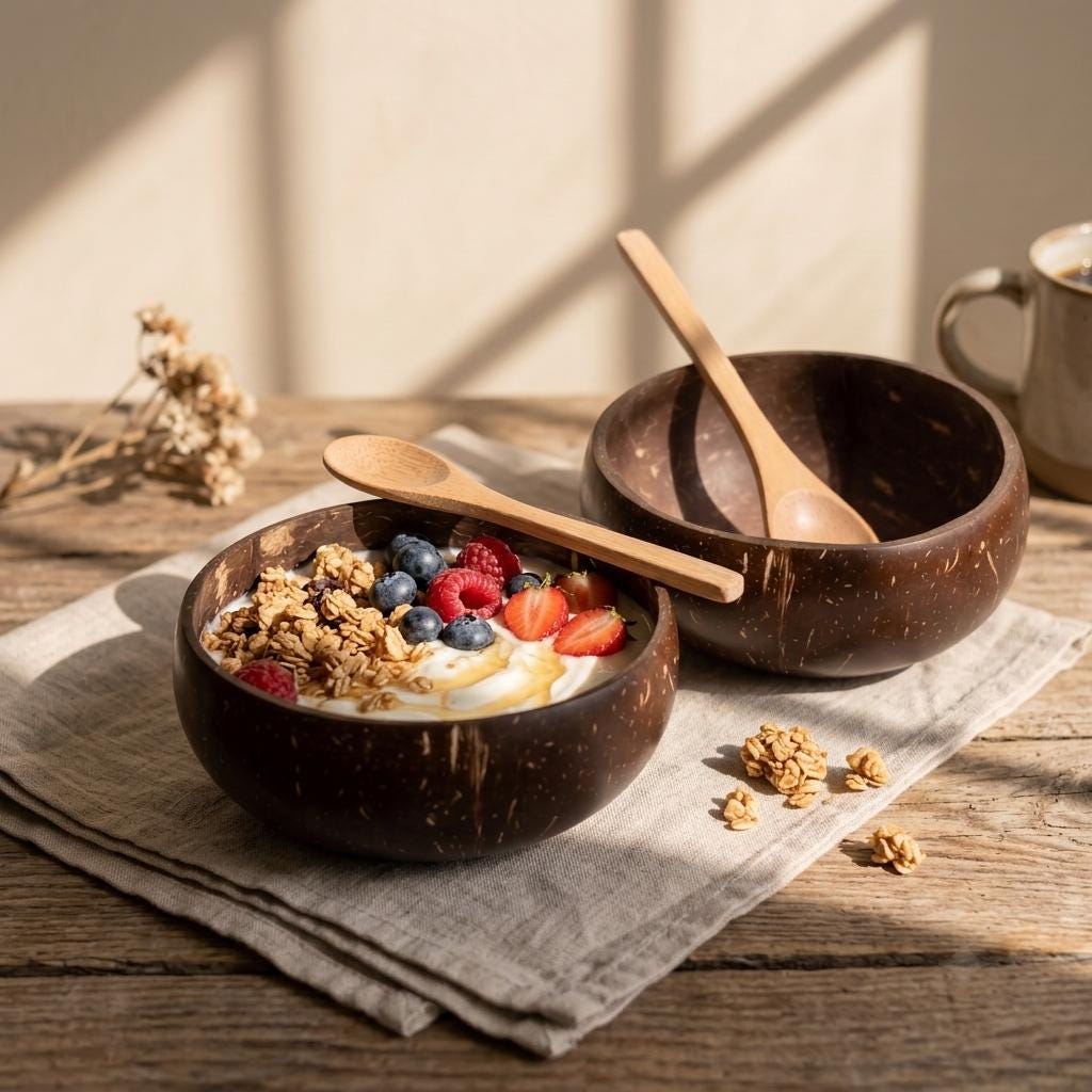 Coconut Shell Bowls with Wooden Spoons for Poke Ramen Rice