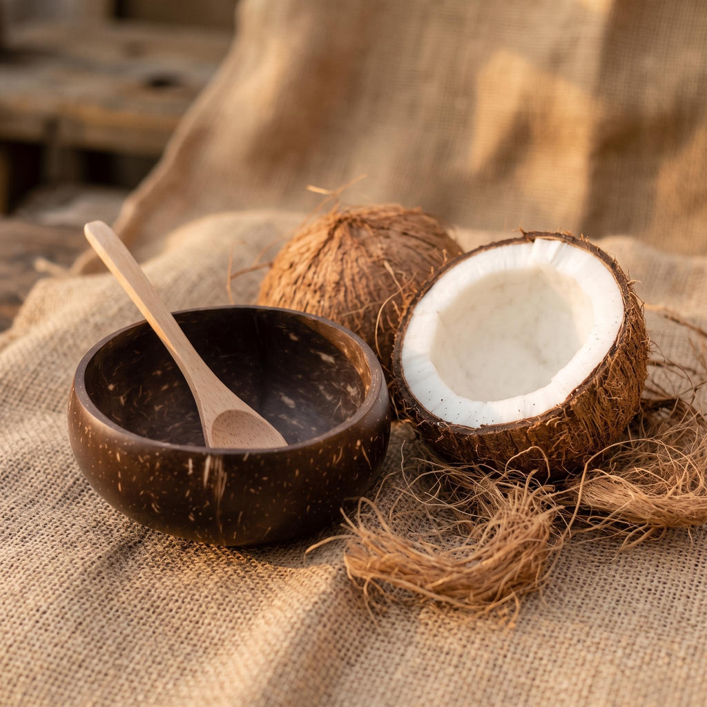 Coconut Shell Bowls with Wooden Spoons for Poke Ramen Rice