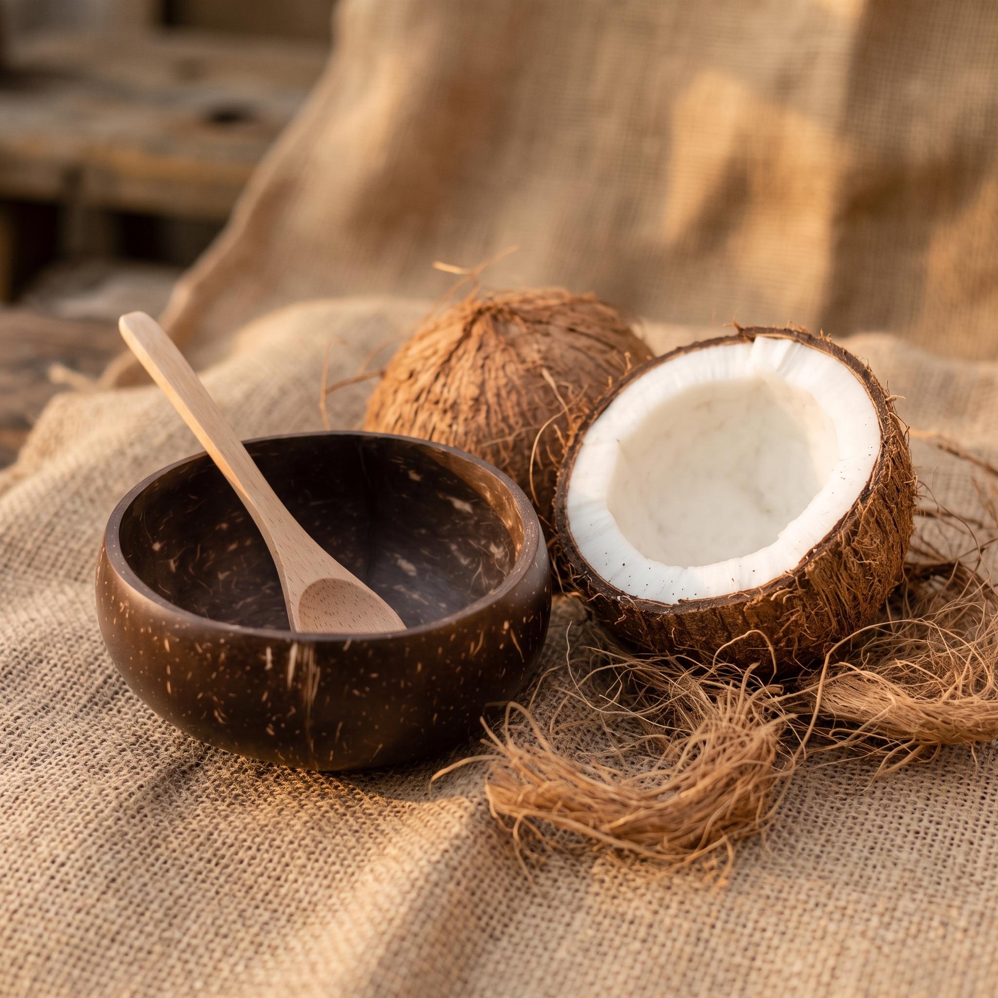 Coconut Shell Bowls with Wooden Spoons for Poke Ramen Rice