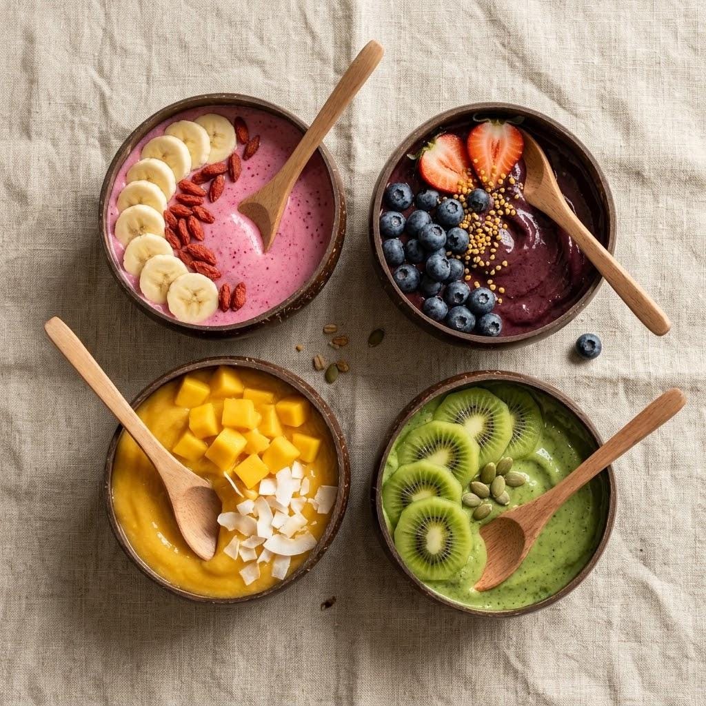 Coconut Shell Bowls with Wooden Spoons for Poke Ramen Rice
