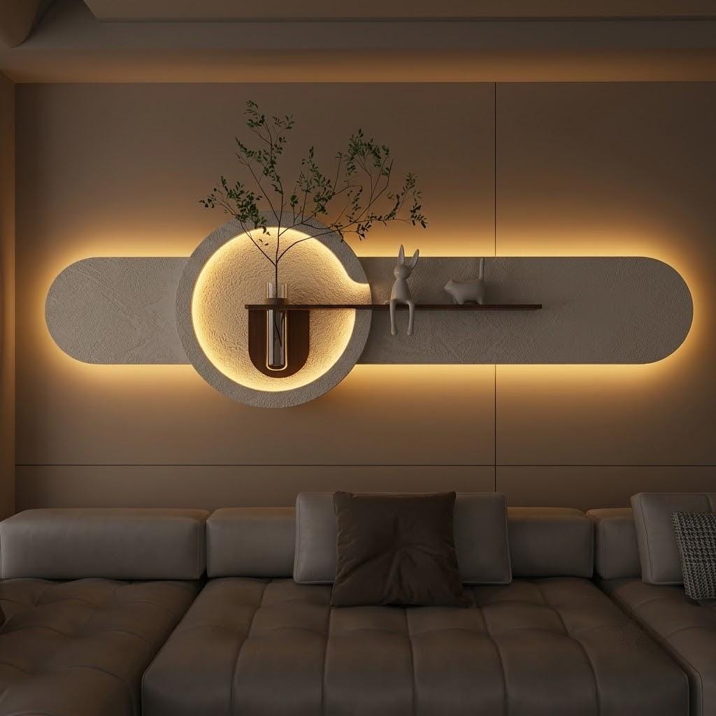 LED Backlit Wall Art, Oval Wabi Sabi Wood Panel with Flower