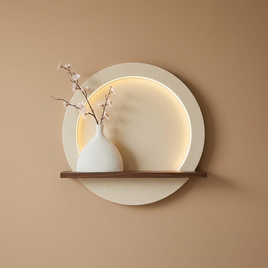 LED Backlit Round Wall Art, Small Wabi Sabi Wood Panel with