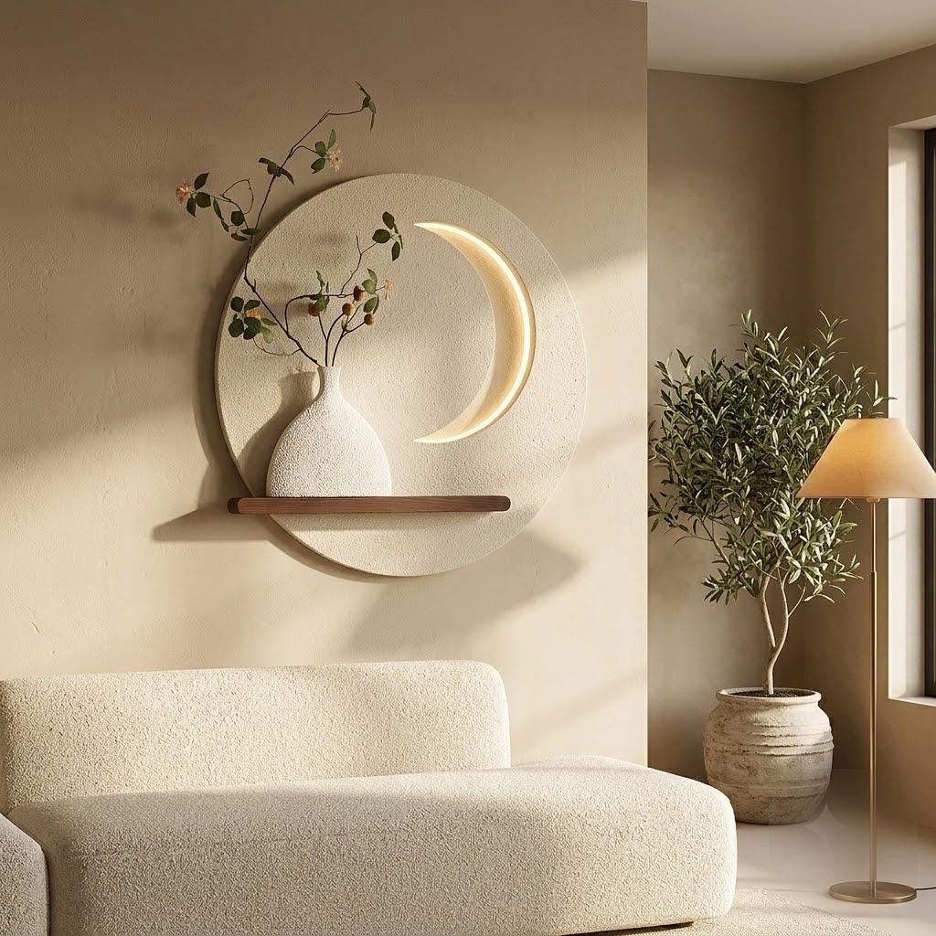 LED Backlit Round Wall Art, Small Wabi Sabi Wood Panel with