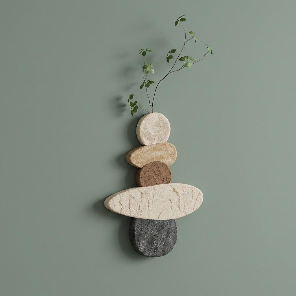 Wabi Sabi Stone Wall Art, Japandi Pebble Totem Decor