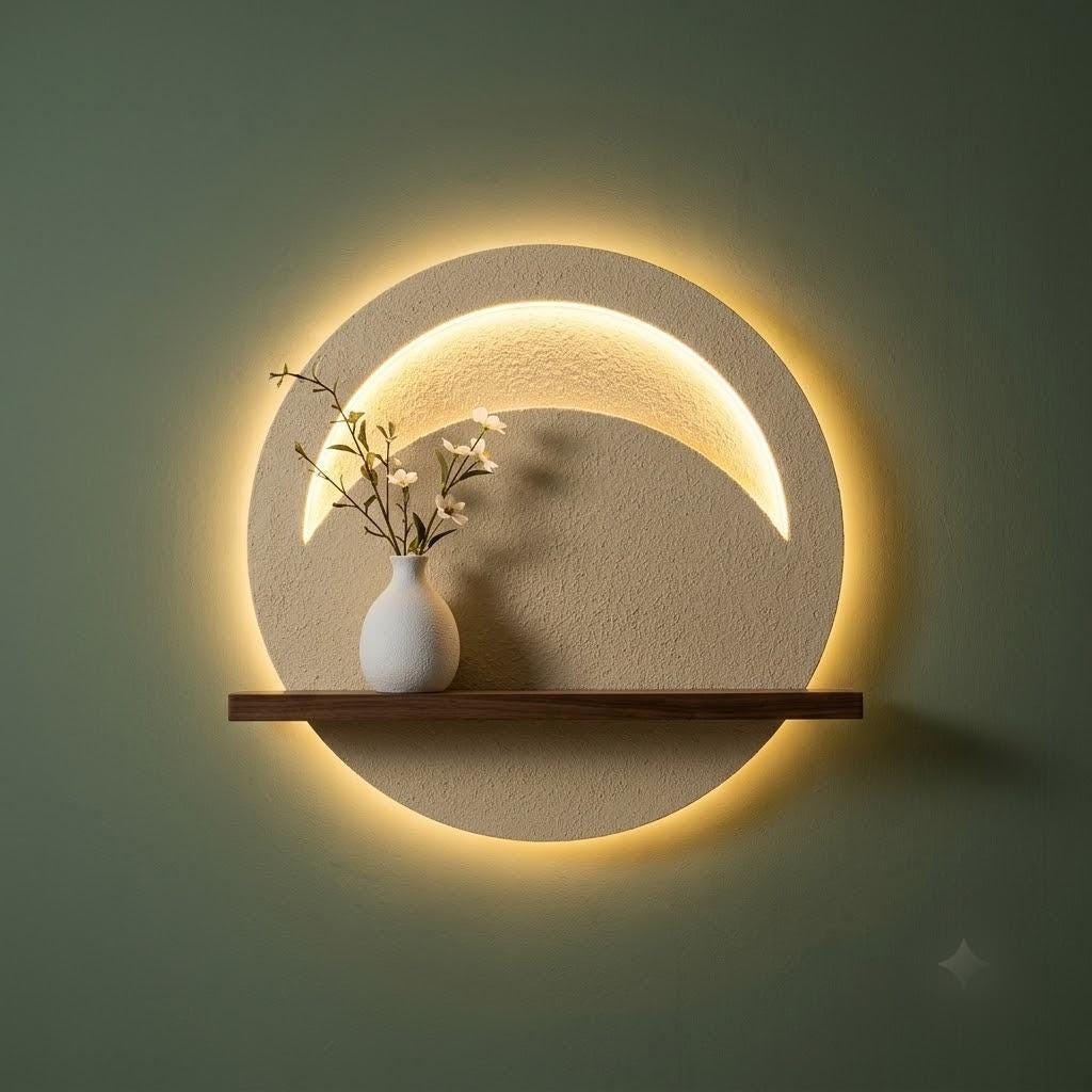 LED Backlit Round Wall Art, Small Wabi Sabi Wood Panel with