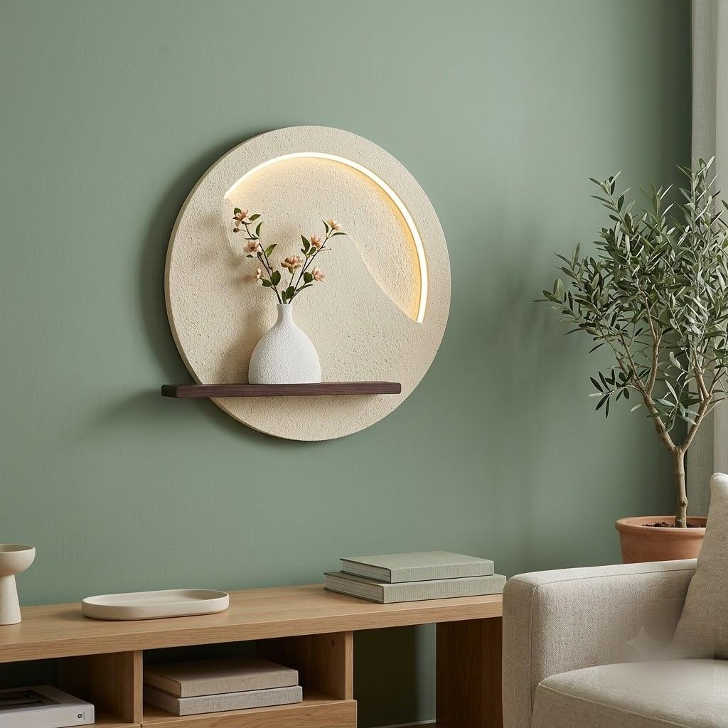 LED Backlit Round Wall Art, Small Wabi Sabi Wood Panel with