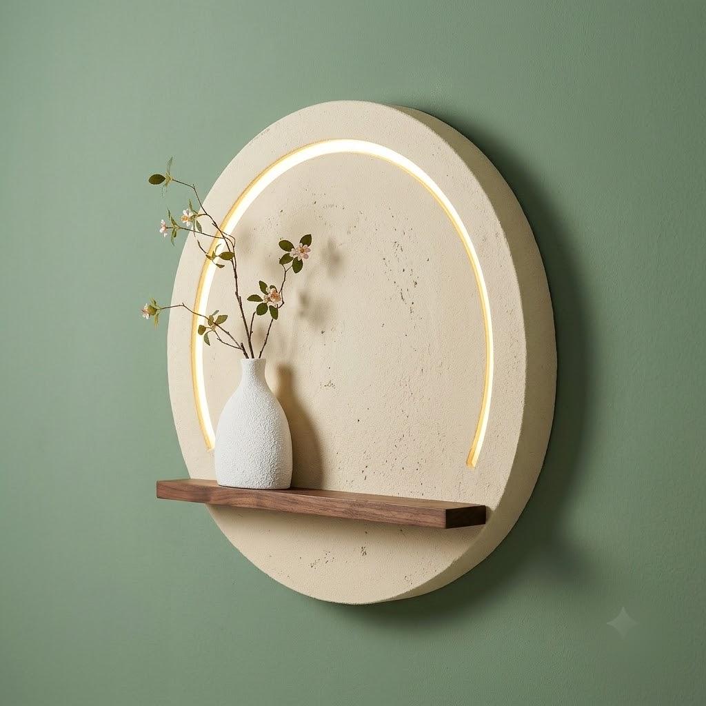 LED Backlit Round Wall Art, Small Wabi Sabi Wood Panel with