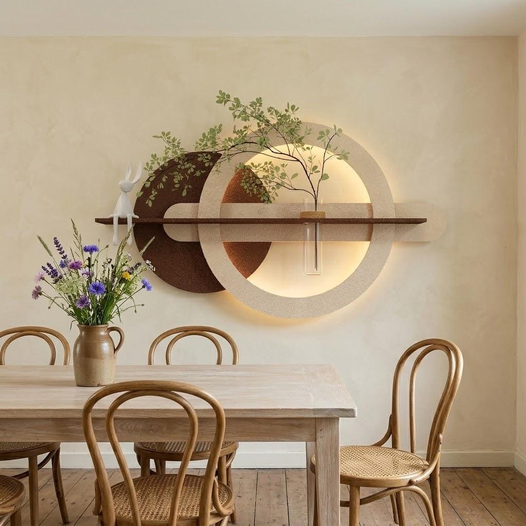 LED Backlit Round Wall Art, Wabi Sabi Textured Wood Disc