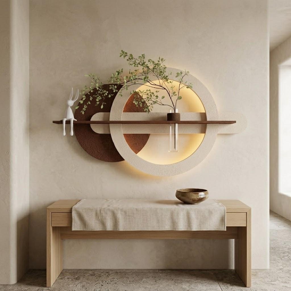 LED Backlit Round Wall Art, Wabi Sabi Textured Wood Disc