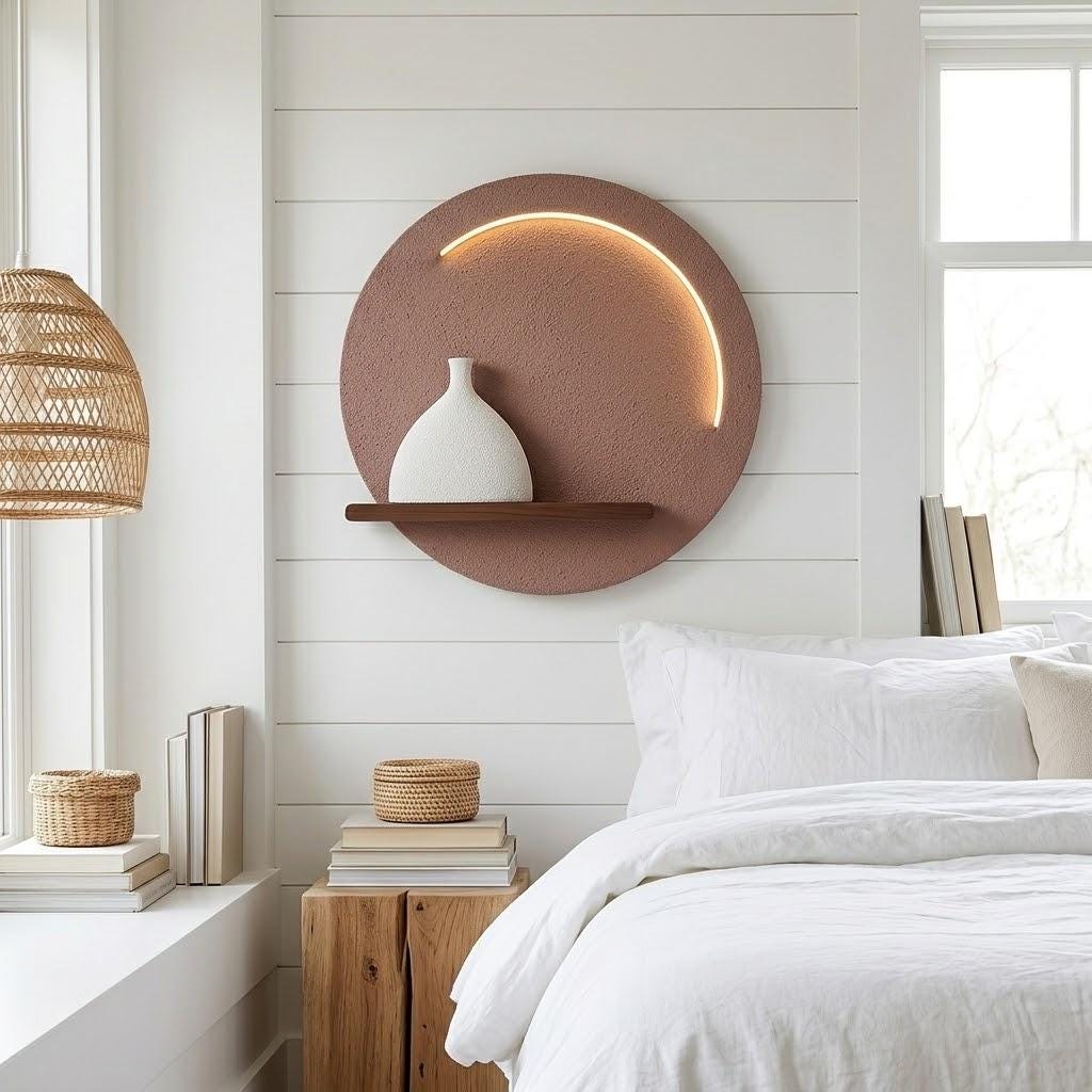 LED Backlit Round Wall Art, Small Wabi Sabi Wood Panel with